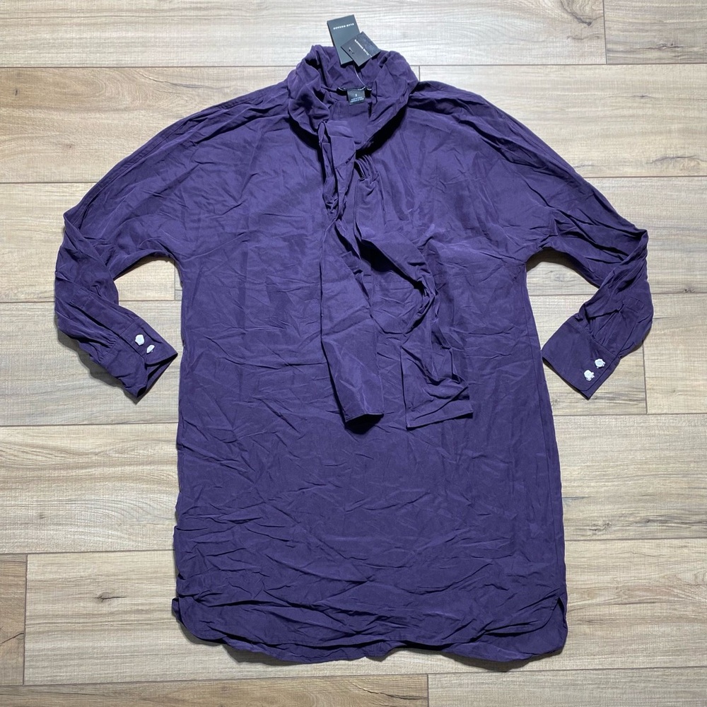 Club Monaco Women's Tie Neck Long Sleeve Dress Size 2‎ Purple Curved Hem